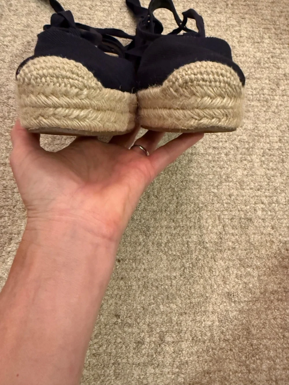 Via Spiga Navy Canvas Espadrille Wedge Sandals with Ankle Ties